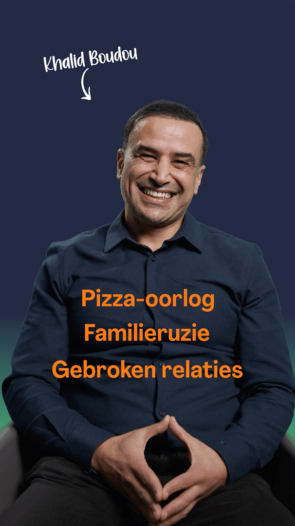 Smiling man with text overlay about pizza, family, and relationships.