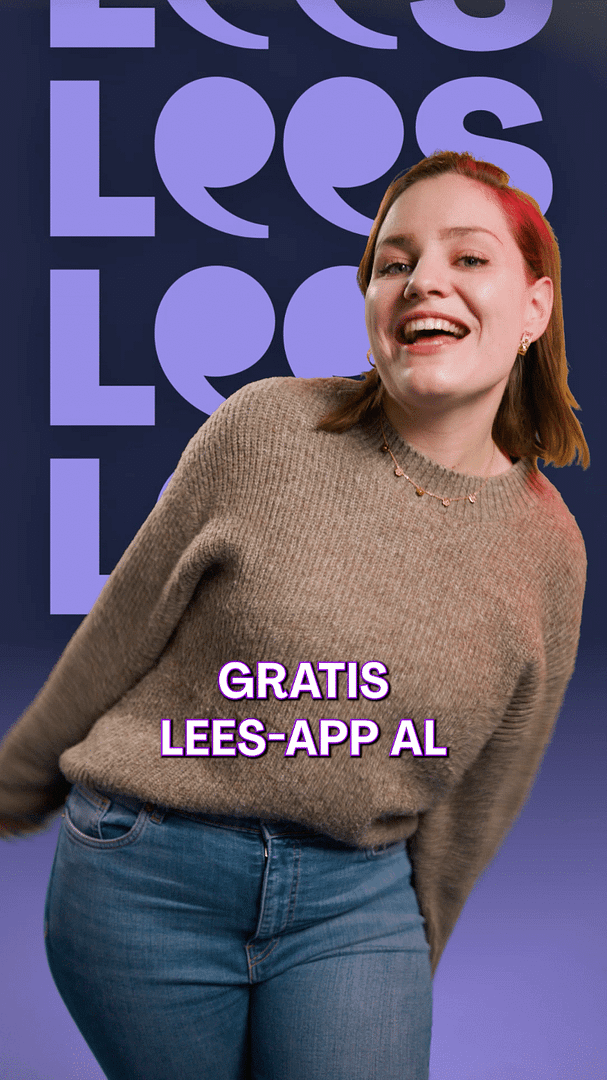 Smiling woman promoting free Waves Lees app with vibrant background.