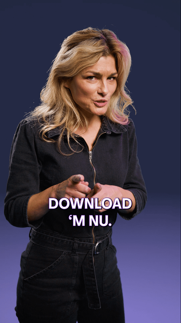 Woman pointing at camera with "Download 'M NU'" text overlay, promotional image.